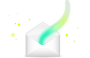 Open envelope with dynamic blue and green waves, symbolizing ITSM innovation and support, surrounded by sparkles. - SysAid
