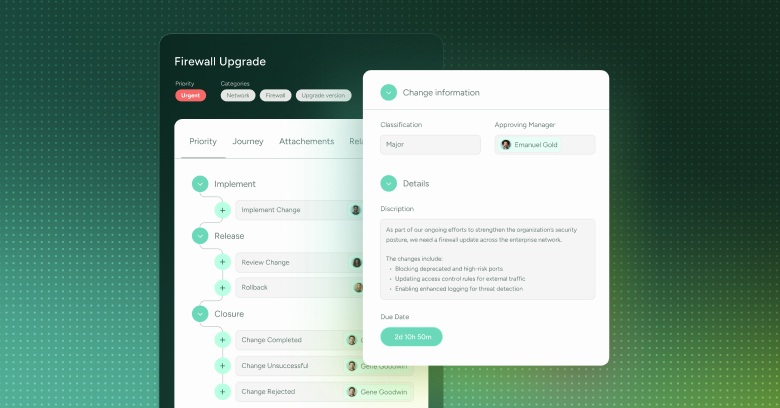 SysAid ITSM dashboard guides firewall upgrade tasks, highlighting change info and manager details in workflow pop-ups. - SysAid