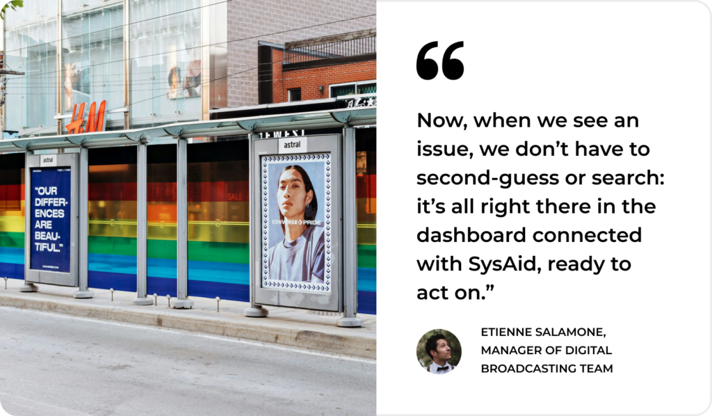 Bus stop with vibrant panels and a SysAid dashboard efficiency quote, illustrating ITSM benefits in public services. - SysAid