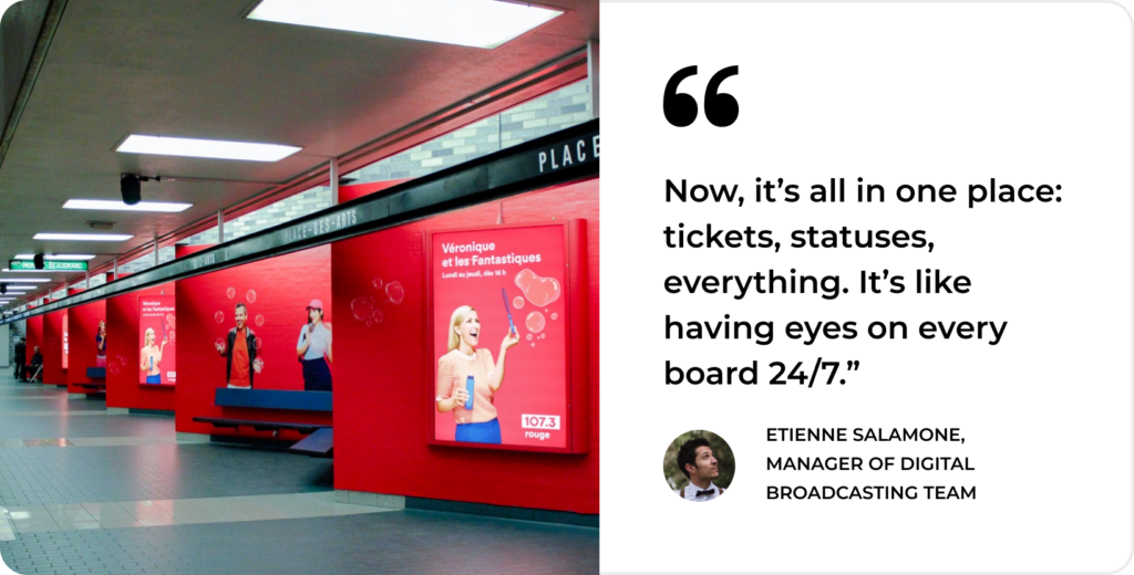 Modern subway platform with digital screens, illustrating SysAid ITSM’s real-time access to vital service information. - SysAid