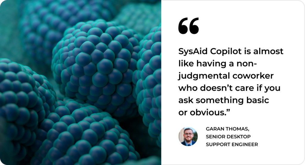 Blue and teal spheres beside a SysAid Copilot testimonial, reflecting ITSM innovation and user satisfaction. - SysAid