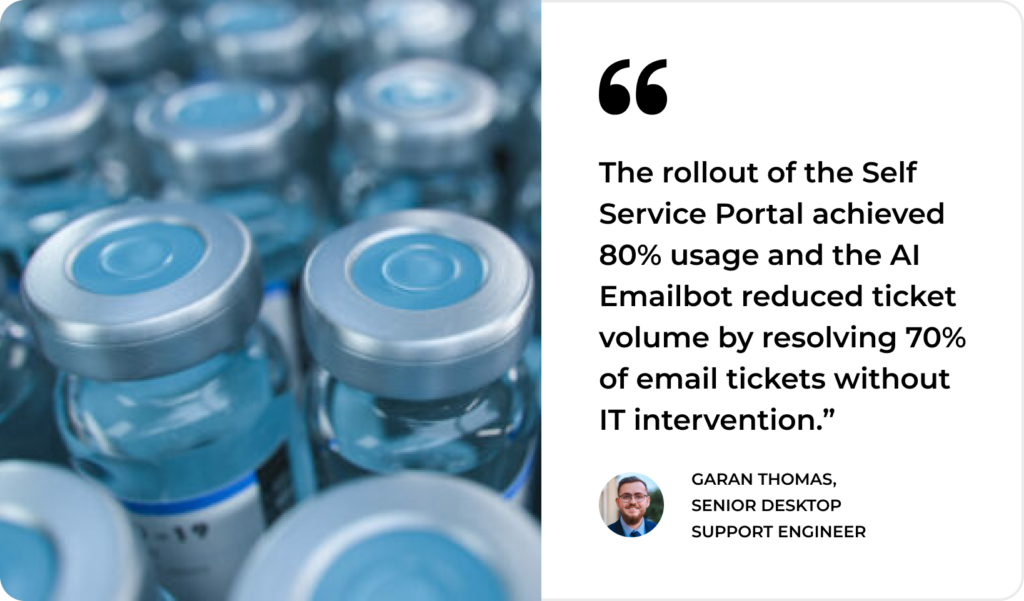 Close-up of vaccine vials with a testimonial highlighting SysAid's ITSM portal and AI-powered Service Desk success. - SysAid