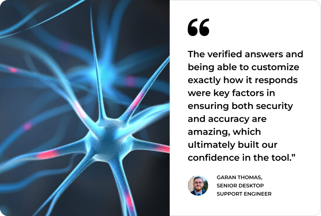 Digital neurons illustrate robust ITSM security and accuracy, featuring a SysAid testimonial from a support engineer. - SysAid