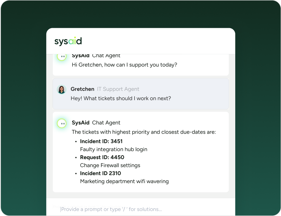 SysAid ITSM chat displays a help desk conversation with three high-priority ticket IDs and their issue details. - SysAid