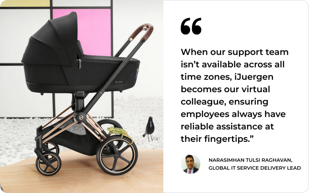A quote on virtual support appears beside a modern stroller, reflecting SysAid’s ITSM approach to service management for all users. - SysAid