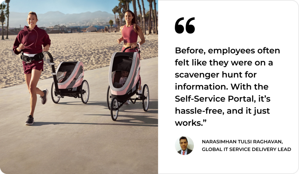 Two women jog with strollers by the ocean; a testimonial highlights SysAid’s ITSM Self-Service Portal capabilities. - SysAid