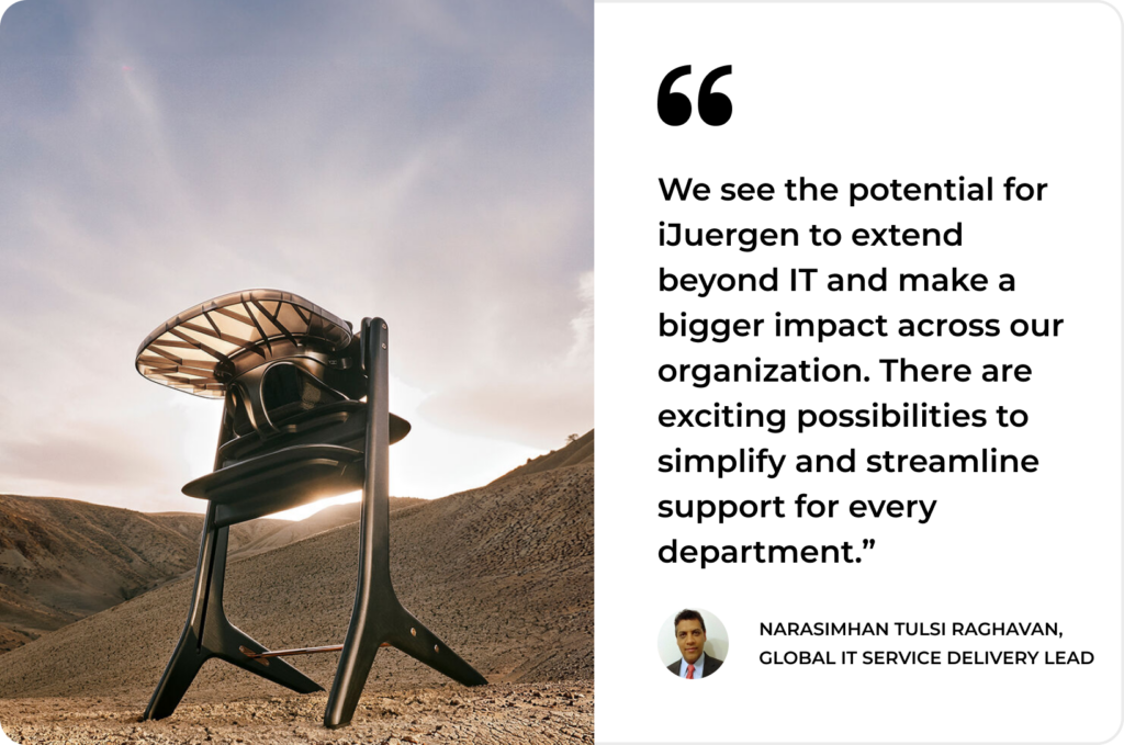 A modern chair outdoors beside a SysAid quote on expanding ITSM impact beyond IT by Narasimhan Tulsi Raghavan. - SysAid