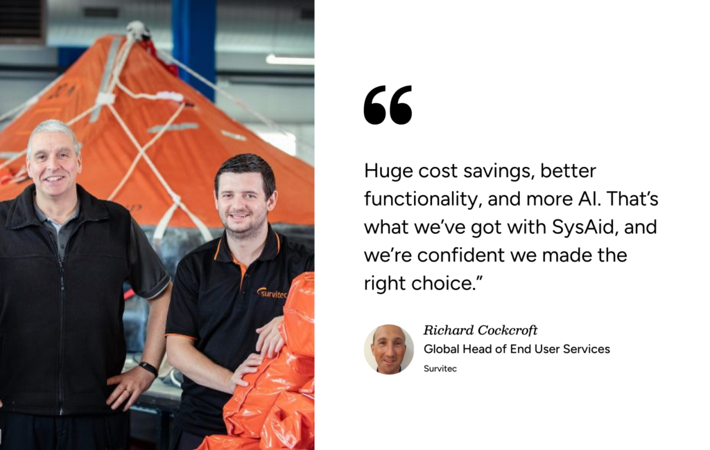 Two technicians in uniforms stand by an orange life raft, highlighting SysAid ITSM support for industrial safety operations. - SysAid