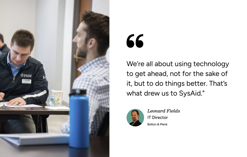Two professionals meet in an office; a SysAid ITSM quote from Leonard Fields appears on the right of the image. - SysAid