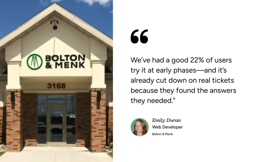 Bolton & Menk office entrance; quote highlights 22% boost in user adoption and fewer tickets with SysAid ITSM solutions. - SysAid