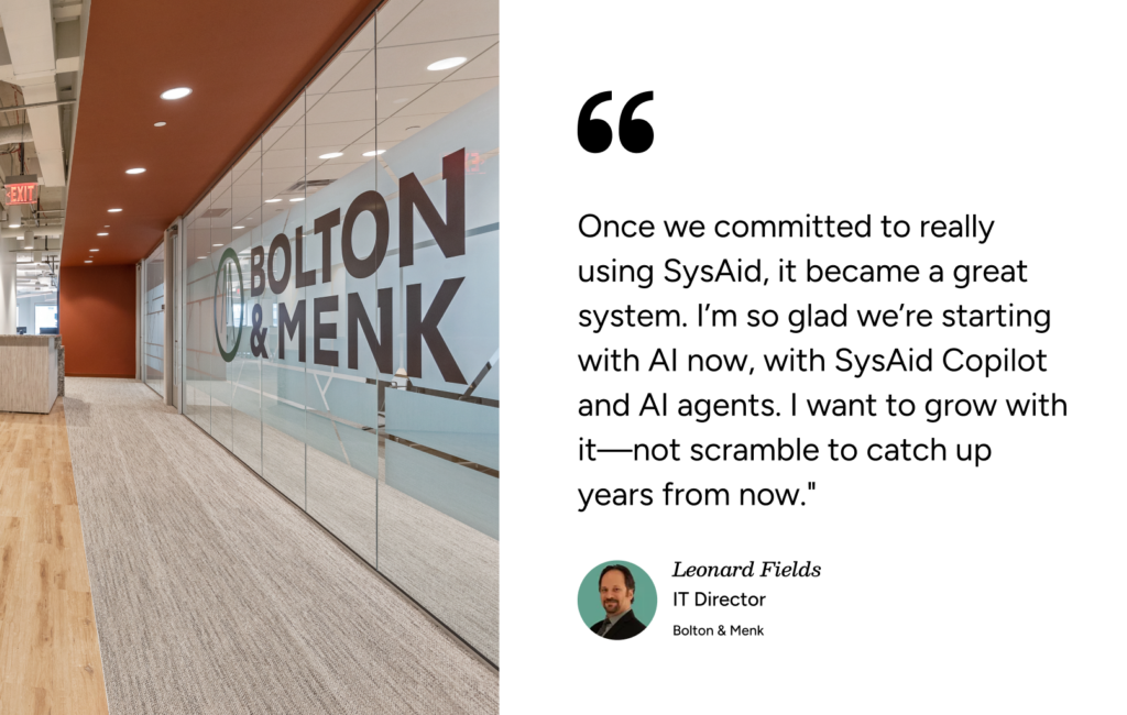 Glass-walled office hall with Bolton & Menk logo and Service Desk testimonial for SysAid Copilot and AI by IT Director. - SysAid