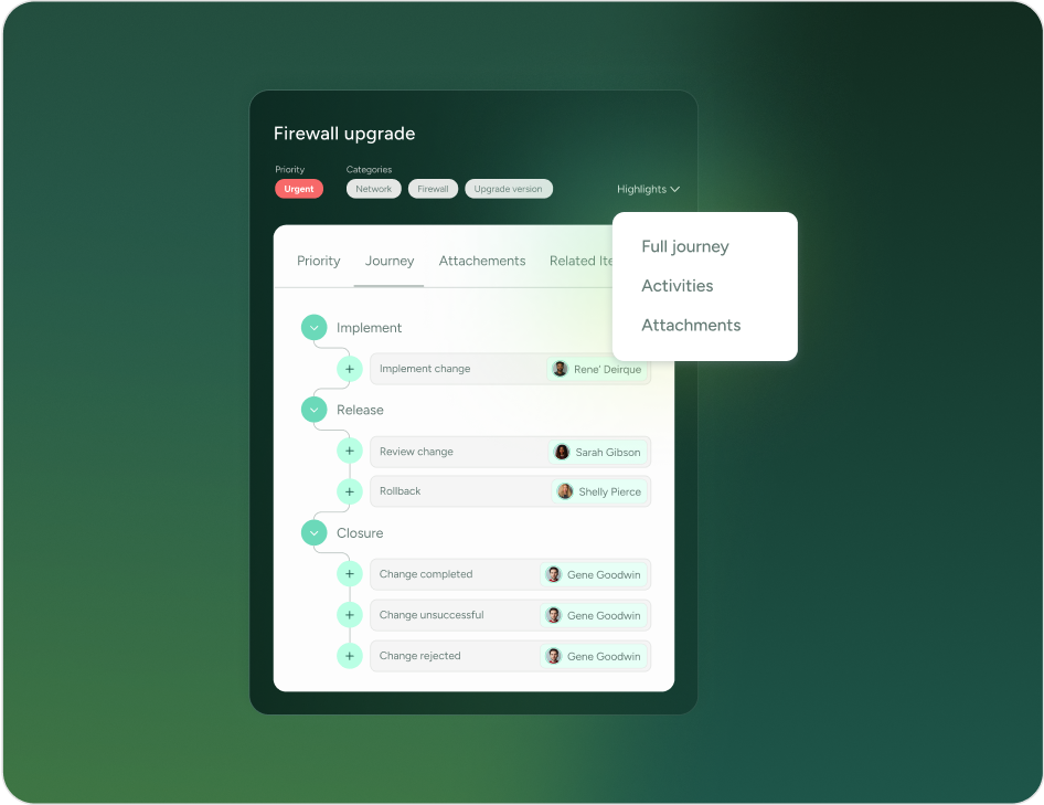 SysAid ITSM dashboard with firewall upgrade tasks, status, and quick links to Help Desk tickets and activity options. - SysAid