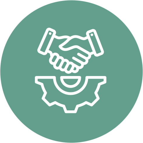 Icon of a handshake over a gear, symbolizing collaboration and teamwork in an industrial or technical context. The design is white on a green circular background. - SysAid