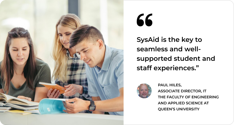 Three people looking at a book together while sitting at a table. A testimonial quote about SysAid and its benefits is displayed on the right, with a small photo of Paul Hiles, Associate Director, IT. - SysAid