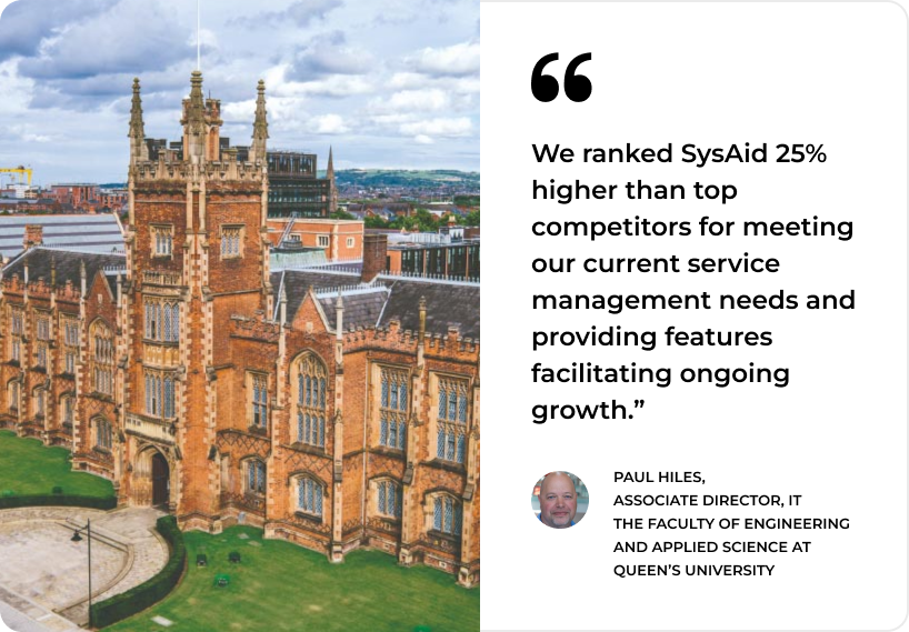 An old brick building next to a cityscape. A text box quotes an associate director at Queen’s University praising SysAid for superior service management and growth features. - SysAid