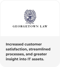 Georgetown Law logo with text stating "Increased customer satisfaction, streamlined processes, and greater insight into IT assets. - SysAid