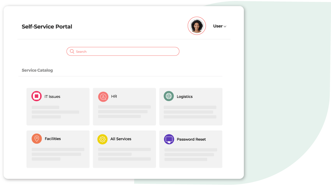 Self-service portal webpage showcasing ITSM features: search bar, service catalog with IT Issues, HR, and more. User profile visible. - SysAid