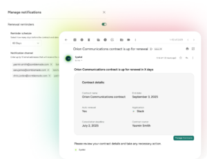 SysAid ITSM UI showing renewal notification settings and sample email with contract details for streamlined service management. - SysAid