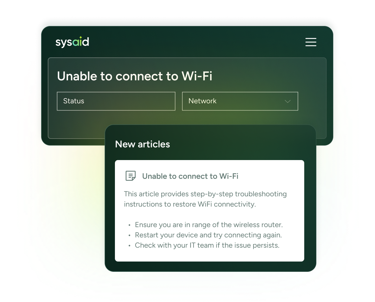 SysAid ITSM interface showing Wi-Fi error alert, troubleshooting steps, and network issue knowledge base suggestions. - SysAid