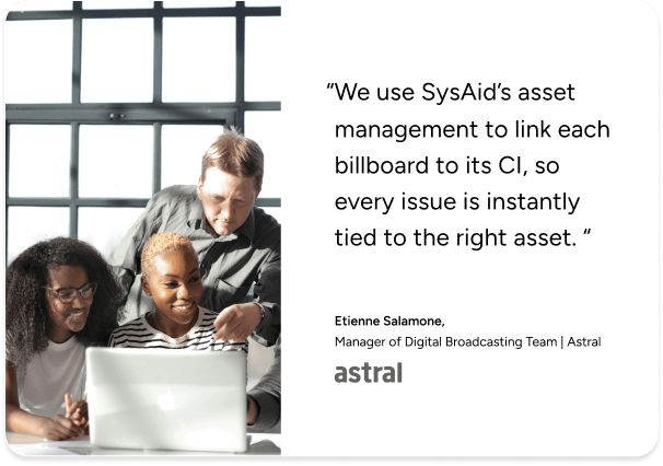Three people discuss ITSM solutions on a laptop in an office; SysAid asset management quote by Etienne Salamone included. - SysAid