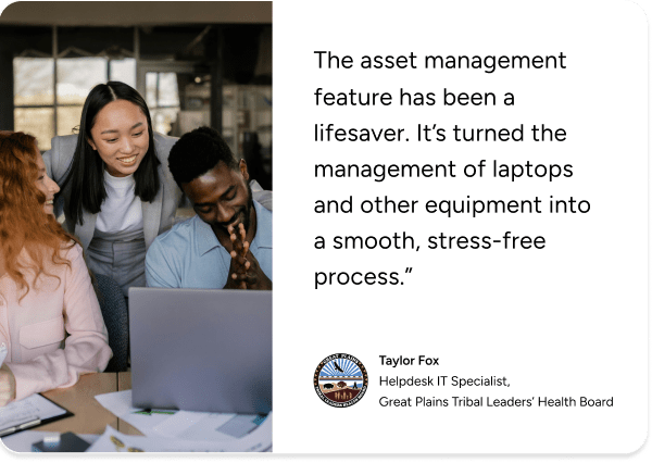 Three colleagues review asset management software on a laptop; SysAid ITAM testimonial from Taylor Fox, IT specialist. - SysAid