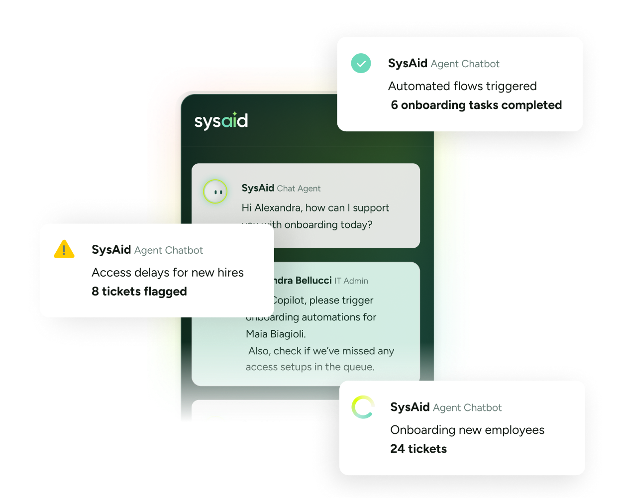 SysAid ITSM chat interface showing automated ticket notifications for efficient employee onboarding and service desk updates. - SysAid