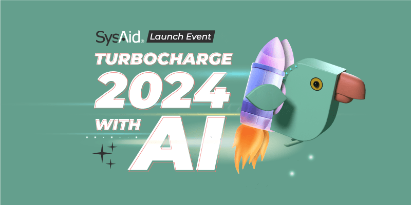 SysAid launch event graphic: cartoon bird with rocket jetpack, highlighting AI-powered ITSM innovation for 2024. - SysAid