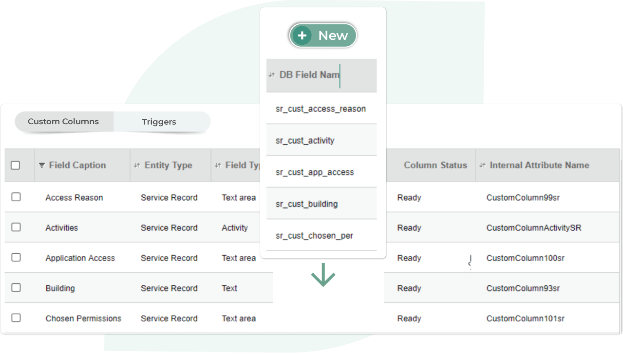 SysAid ITSM interface displaying custom service record columns and dropdown to add new database field. - SysAid