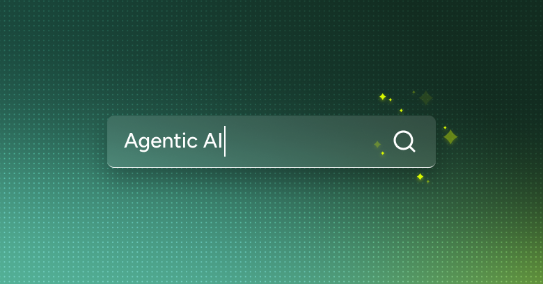 SysAid ITSM search bar with 'Agentic AI' typed, magnifying glass icon, and glowing squares symbolizing smart solutions. - SysAid